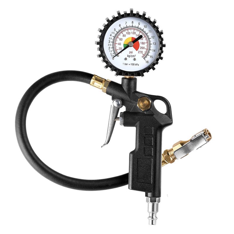 CZC AUTO Tire Inflator Deflator Air Pressure Gauge with Rubber Hose, 2-1/2" Dial Wheel Inflator Gage with Straight Brass Lock-on Chuck Compatible with Air Pump Compressor for RV Car Motorcycle Bike - Image 1